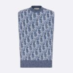 Dior Herr CD Dior Oblique Ärmlös Tröja Blå Ull Jacquard Ribbad Rund Halsringning