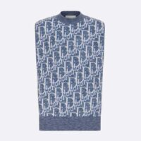 Dior Men CD Dior Oblique Sleeveless Sweater Blue Wool Jacquard Ribbed Round Neck Hem