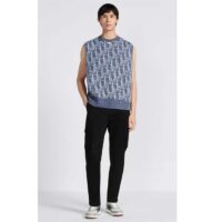 Dior Men CD Dior Oblique Sleeveless Sweater Blue Wool Jacquard Ribbed Round Neck Hem (3)