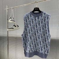 Dior Men CD Dior Oblique Sleeveless Sweater Blue Wool Jacquard Ribbed Round Neck Hem (3)