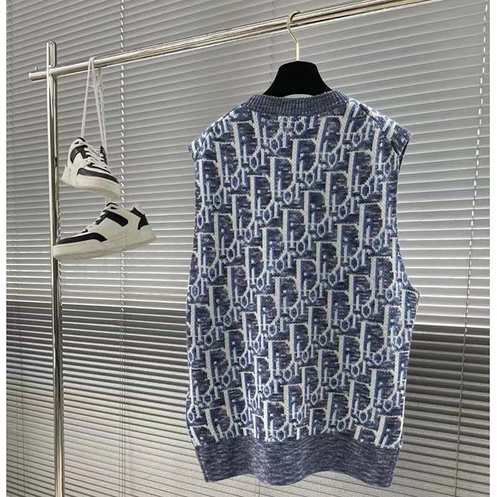 Dior Men CD Dior Oblique Sleeveless Sweater Blue Wool Jacquard Ribbed Round Neck Hem (8)
