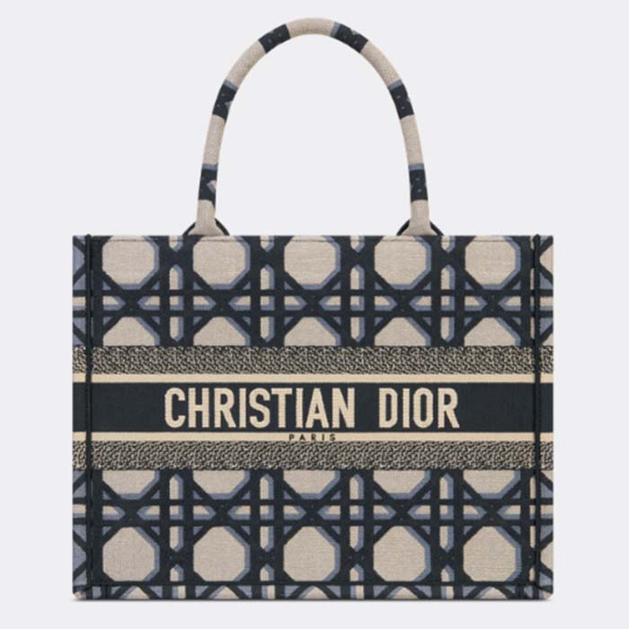 Dior Unisex CD Medium Dior Book Tote Beige Blue Macrocannage Embroidery