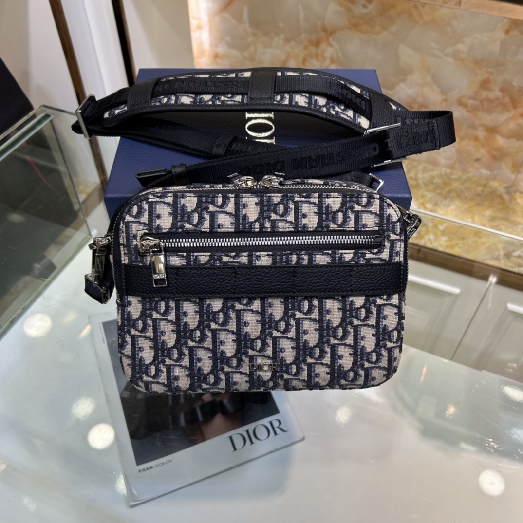 Dior Unisex CD Mini Safari Bag Strap Beige Black Dior Oblique Jacquard (11)