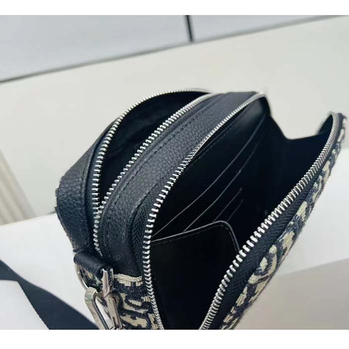 Dior Unisex CD Pouch Strap Beige Black Dior Oblique Jacquard Double Zipped Pocket (7)