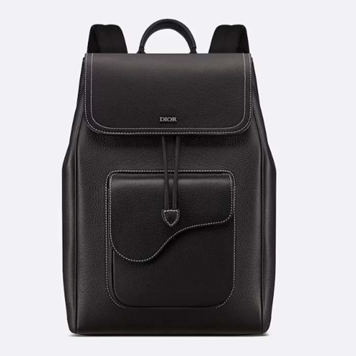Dior Unisex CD Saddle Backpack Black Grained Calfskin Leather Top Handle