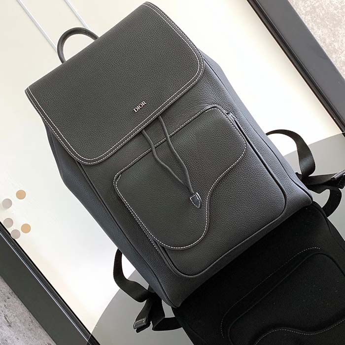 Dior Unisex CD Saddle Backpack Black Grained Calfskin Leather Top Handle (3)