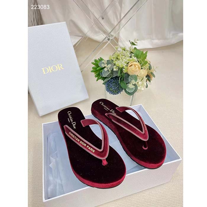 Dior Women CD Diorsea Thong Sandal Scarlet Red Velvet Gold-Tone 3 CM Heel (12)