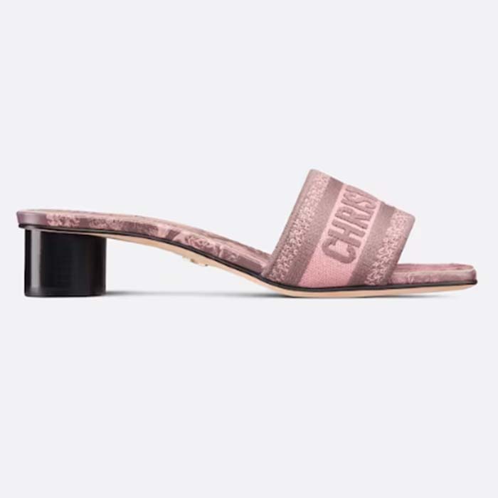 Dior Women CD Dway Heeled Slide Gray Pink Embroidered Cotton Toile De Jouy Reverse