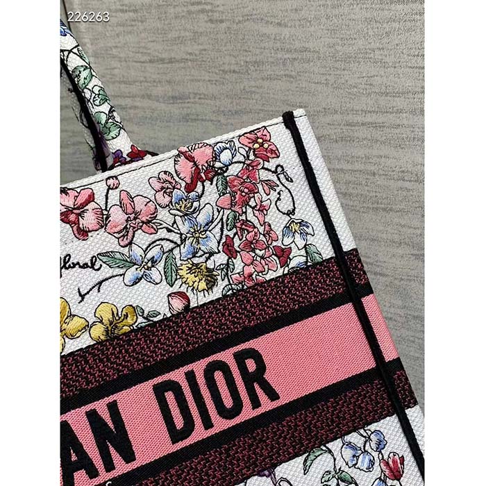 Dior Women CD Medium Book Tote White Multicolor Florilegio Embroidery (4)
