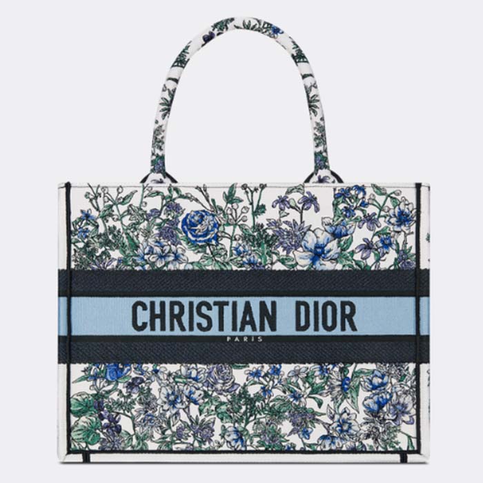 Dior Women CD Medium Book Tote White Multicolor Flowers Constellation Embroidery (10)