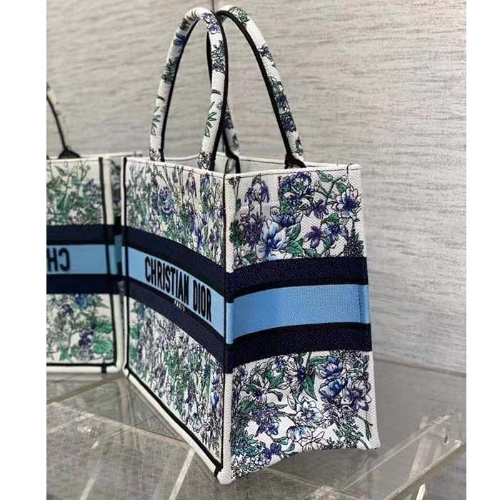 Dior Women CD Medium Book Tote White Multicolor Flowers Constellation Embroidery (11)