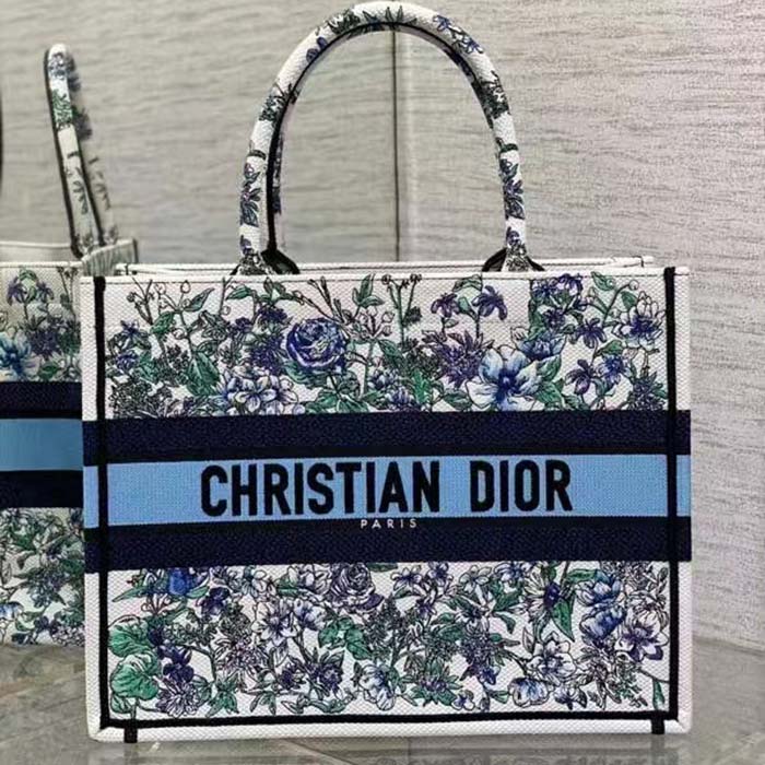 Dior Women CD Medium Book Tote White Multicolor Flowers Constellation Embroidery (12)