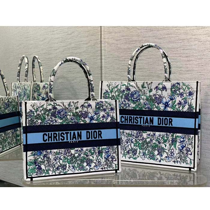 Dior Women CD Medium Book Tote White Multicolor Flowers Constellation Embroidery (4)