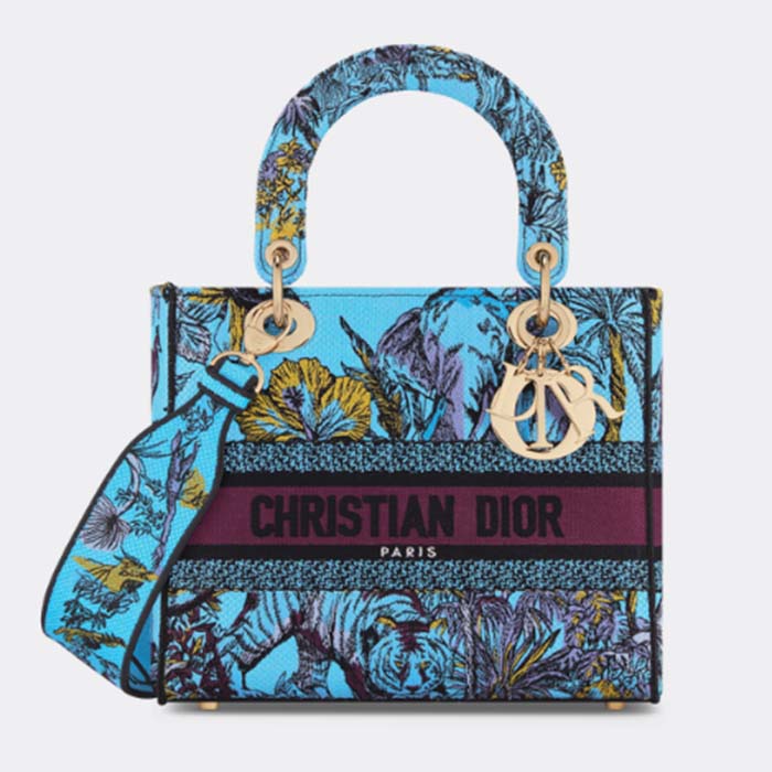 Dior Women CD Medium Lady D-Lite Bag Celestial Blue Multicolor Toile De Jouy Voyage Embroidery