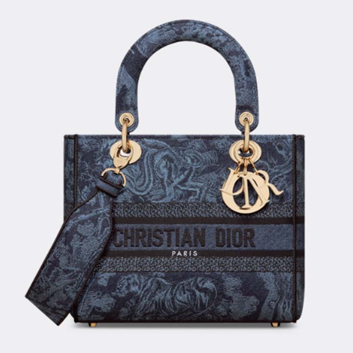 Dior Women CD Medium Lady D-Lite Bag Denim Blue Toile De Jouy Embroidery