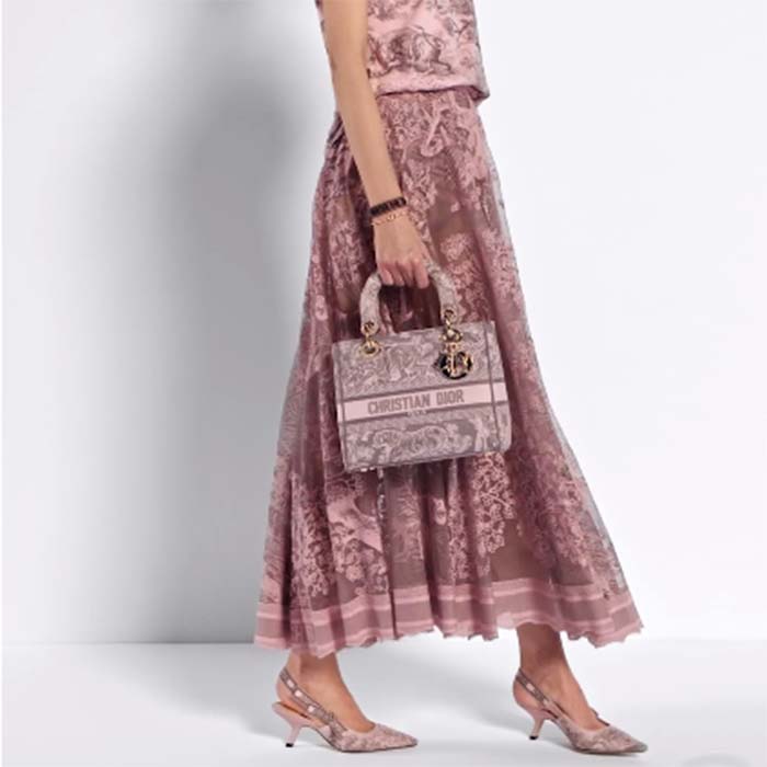 Dior Women CD Medium Lady D-Lite Bag Gray Pink Toile De Jouy Reverse Embroidery (1)