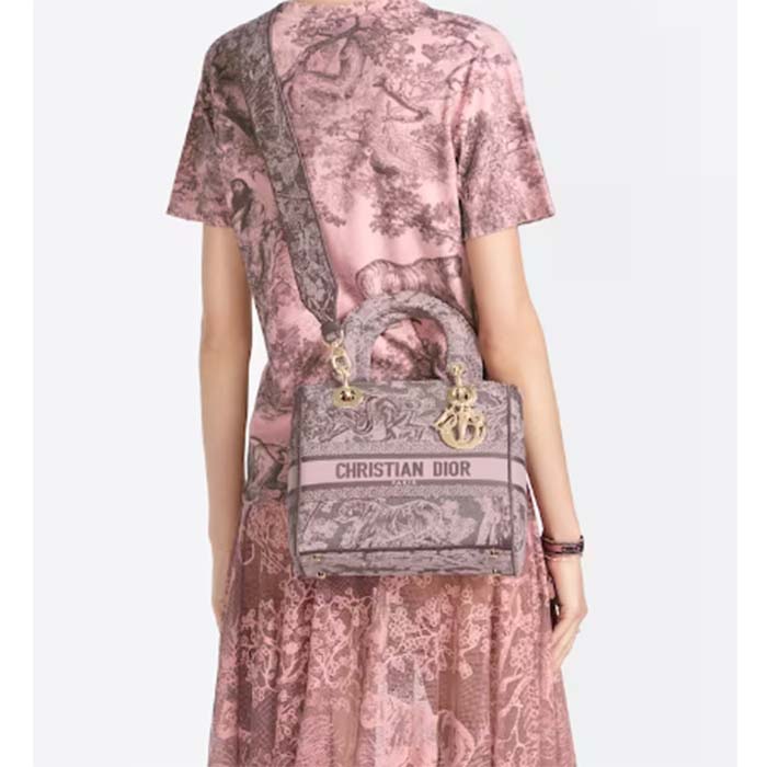 Dior Women CD Medium Lady D-Lite Bag Gray Pink Toile De Jouy Reverse Embroidery (11)