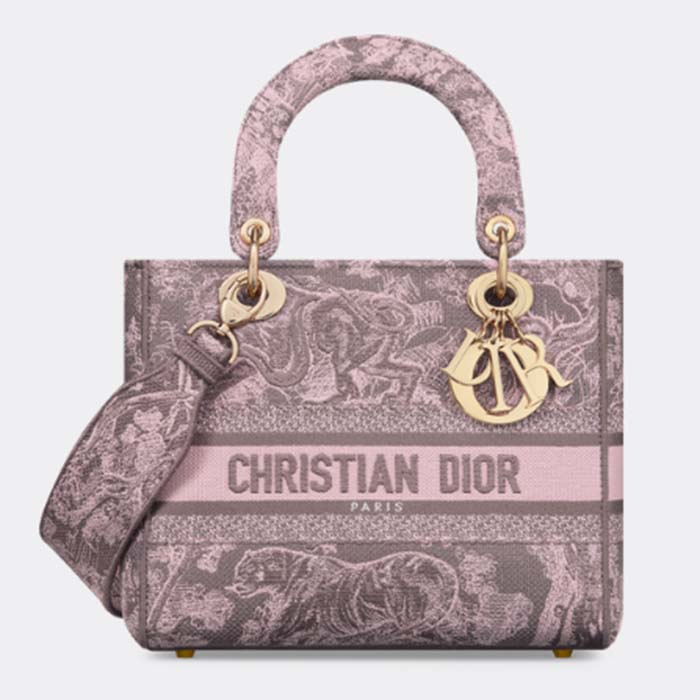 Dior Women CD Medium Lady D-Lite Bag Gray Pink Toile De Jouy Reverse Embroidery