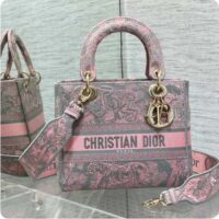 Dior Women CD Medium Lady D-Lite Bag Gray Pink Toile De Jouy Reverse Embroidery (3)