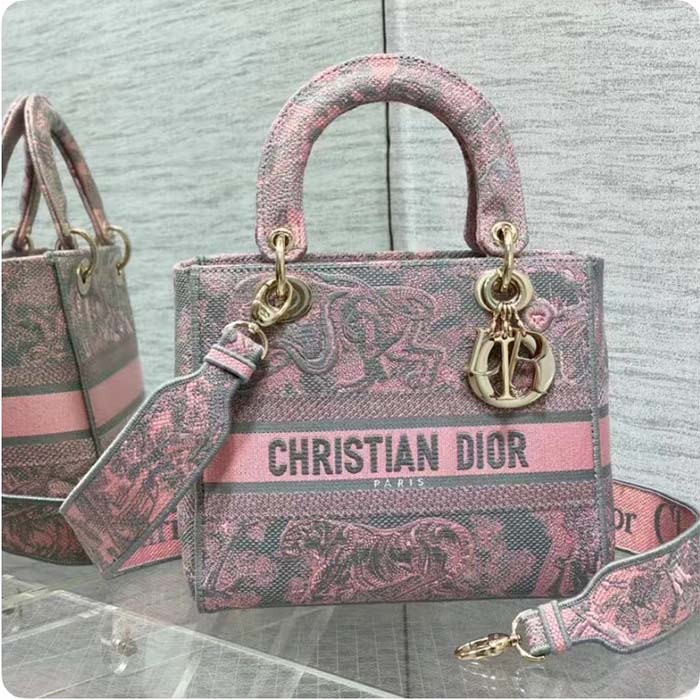 Dior Women CD Medium Lady D-Lite Bag Gray Pink Toile De Jouy Reverse Embroidery (4)