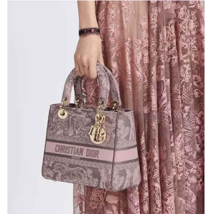 Dior Women CD Medium Lady D-Lite Bag Gray Pink Toile De Jouy Reverse Embroidery (8)