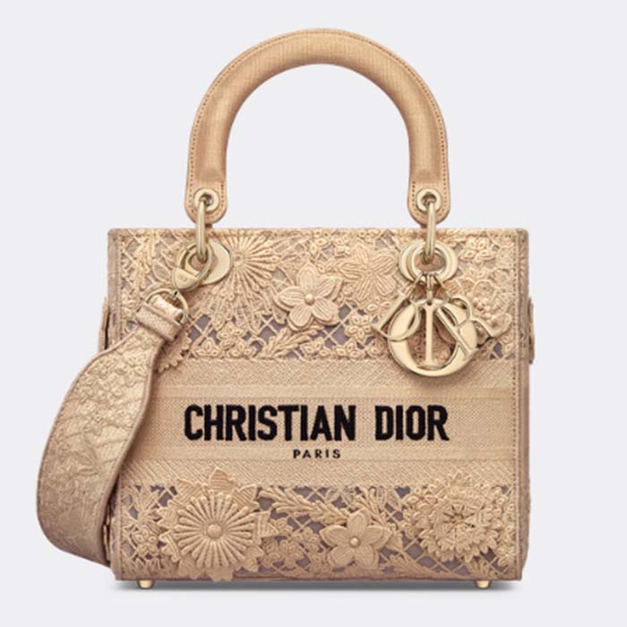 Dior Women CD Medium Lady D-Lite Bag Natural D-Lace Embroidery 3D Macramé Effect