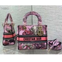 Dior Women CD Medium Lady D-Lite Bag Pink Multicolor Toile De Jouy Voyage Embroidery (4)