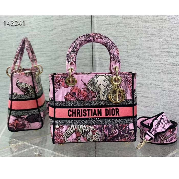 Dior Women CD Medium Lady D-Lite Bag Pink Multicolor Toile De Jouy Voyage Embroidery (10)