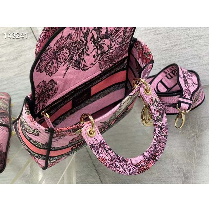 Dior Women CD Medium Lady D-Lite Bag Pink Multicolor Toile De Jouy Voyage Embroidery (9)