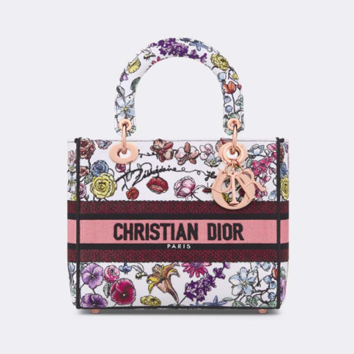Dior Women CD Medium Lady D-Lite Bag White Multicolor Florilegio Embroidery