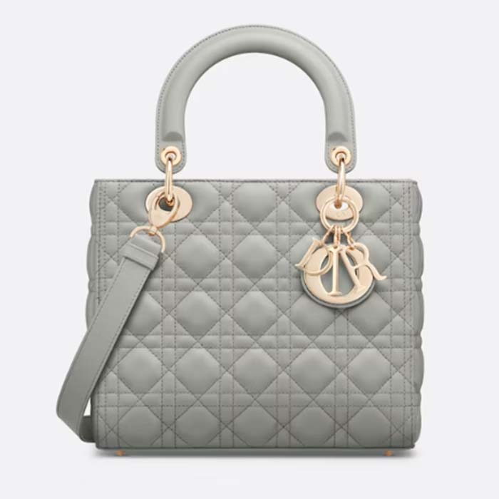 Dior Women CD Medium Lady Dior Bag Gray Stone Cannage Lambskin (4)