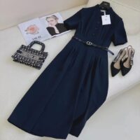 Dior Women CD Mid-Length Shirt Dress Gray Silk Tonal Belt Pleated Style Unlined (13)