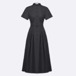 Dior Women CD Mid-Length Shirt Dress Gray Silk Tonal Belt Pleated Style Unlined