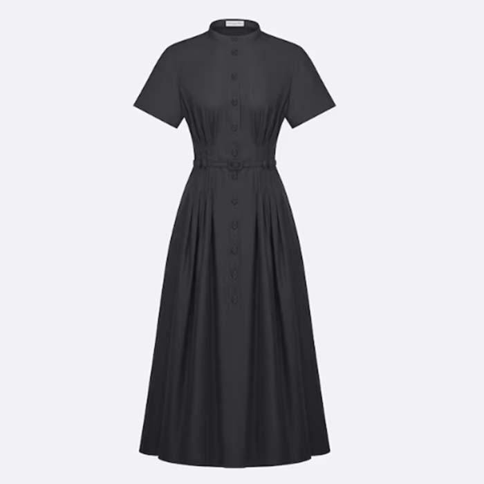 Dior Women CD Mid-Length Shirt Dress Gray Silk Tonal Belt Pleated Style Unlined