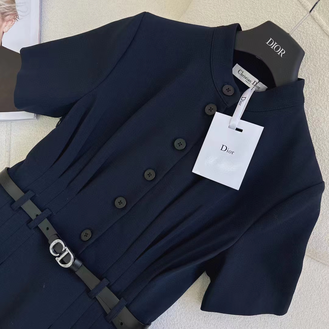 Dior Women CD Mid-Length Shirt Dress Gray Silk Tonal Belt Pleated Style Unlined (14)