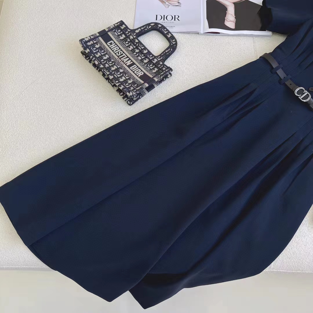Dior Women CD Mid-Length Shirt Dress Gray Silk Tonal Belt Pleated Style Unlined (6)