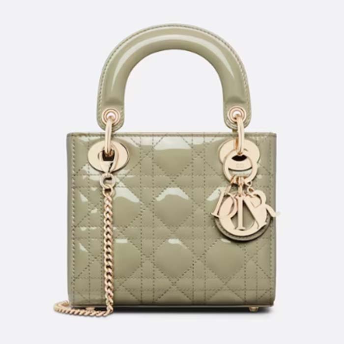 Dior Women CD Mini Lady Dior Bag Sage Green Patent Cannage Calfskin