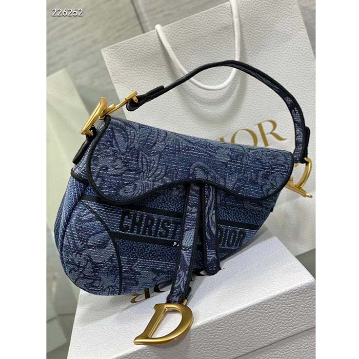 Dior Women CD Saddle Bag Denim Blue Albero Della Vita Embroidery (1)