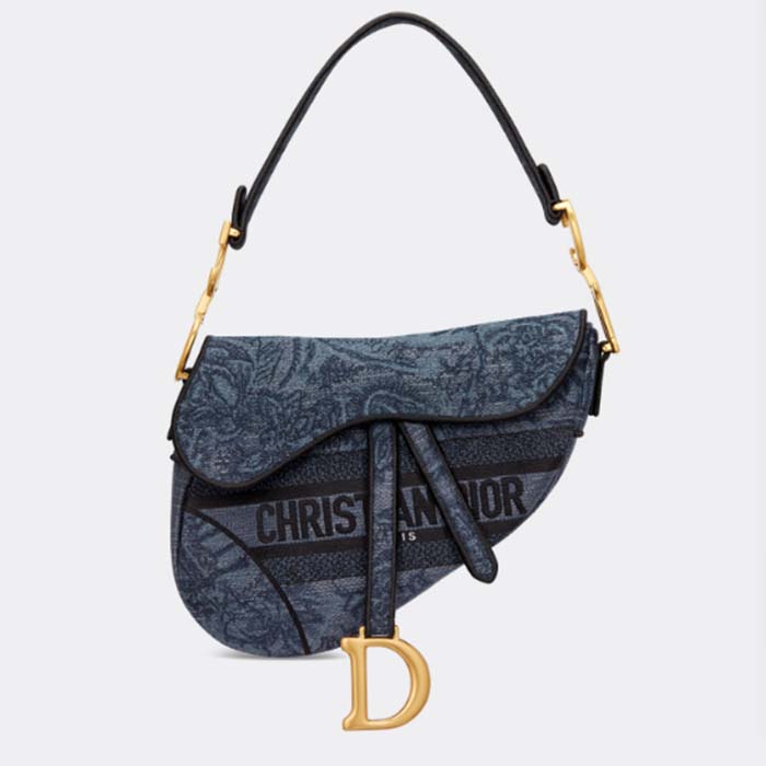 Dior Women CD Saddle Bag Denim Blue Albero Della Vita Embroidery
