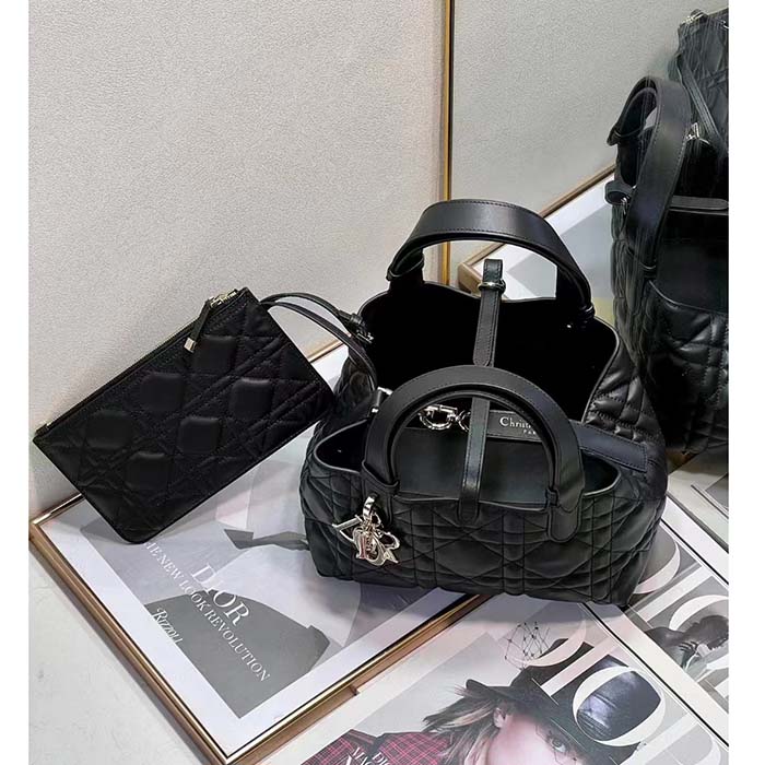 Dior Women CD Small Dior Toujours Bag Black Macrocannage Calfskin (12)