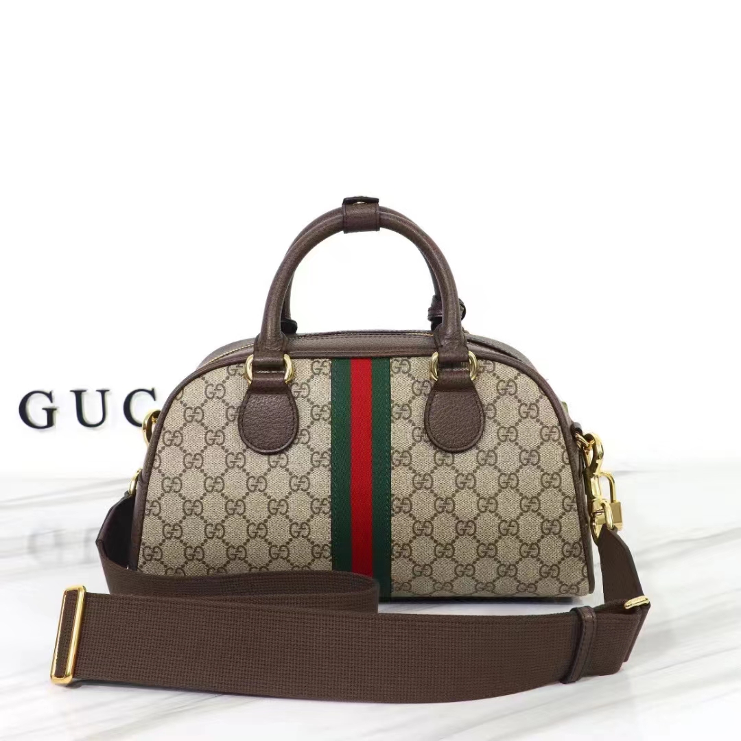 Gucci GG Women Savoy Medium Bowling Bag Beige Ebony GG Supreme Canvas Double G (1)
