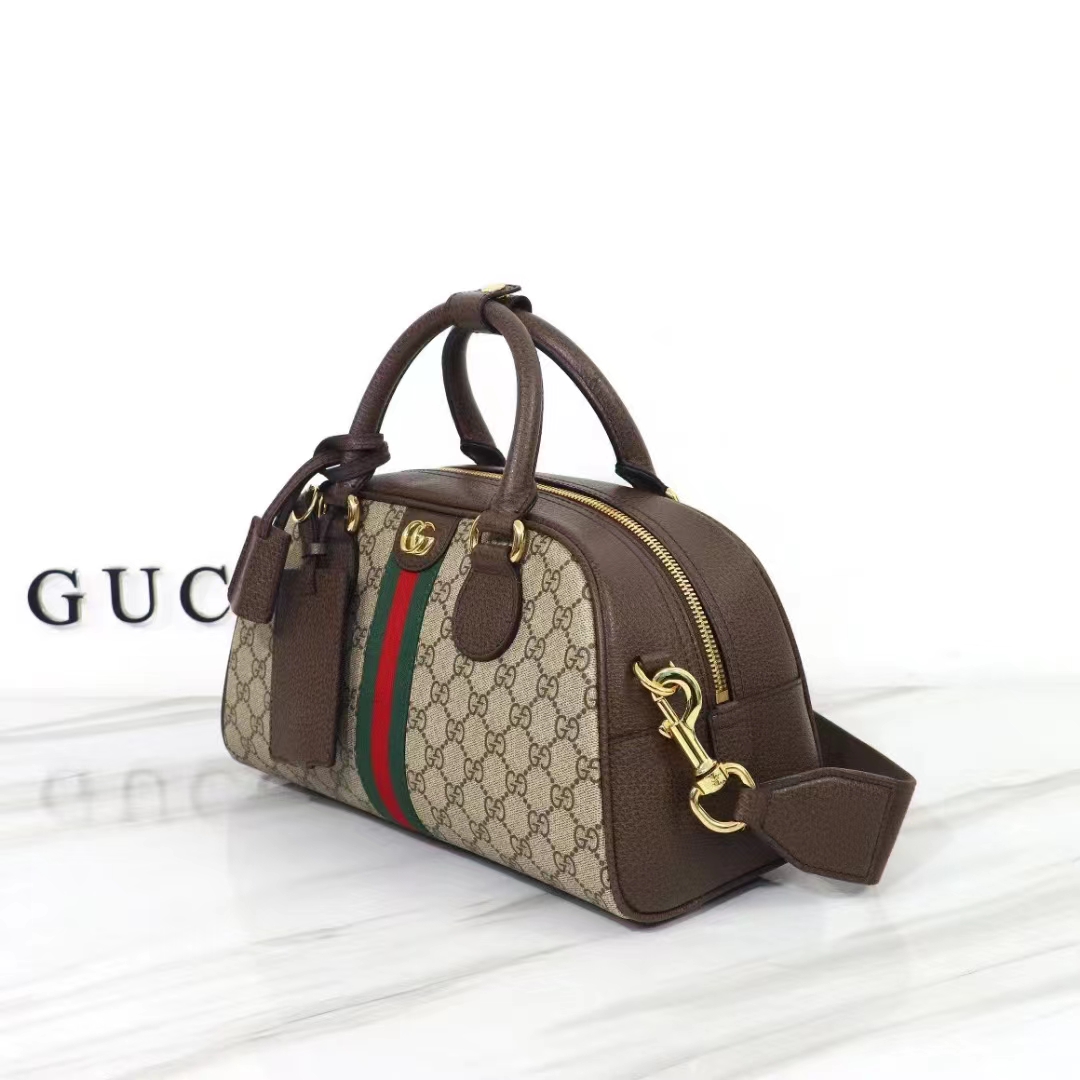 Gucci GG Women Savoy Medium Bowling Bag Beige Ebony GG Supreme Canvas Double G (4)