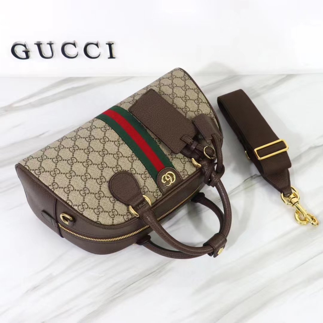 Gucci GG Women Savoy Medium Bowling Bag Beige Ebony GG Supreme Canvas Double G (5)
