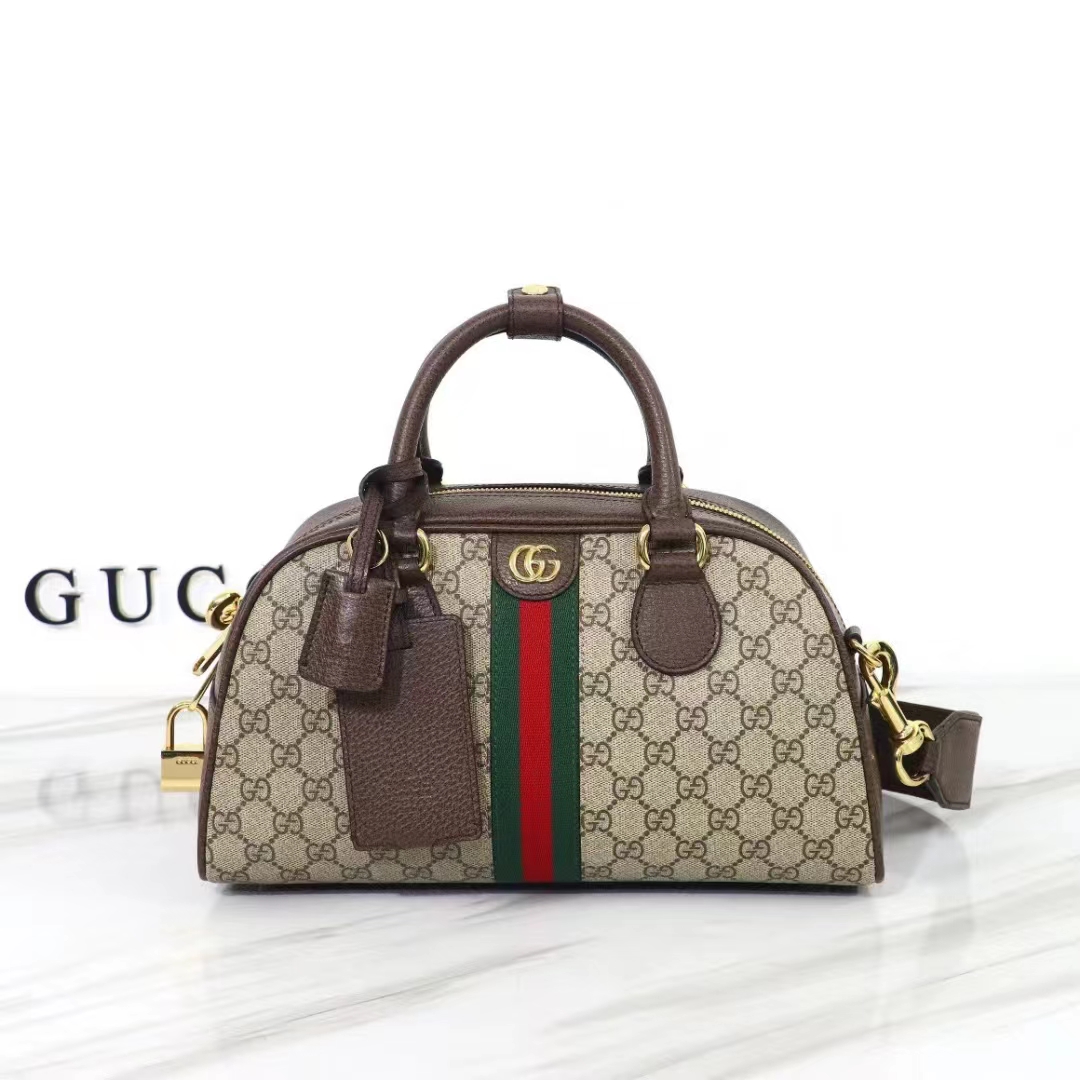 Gucci GG Women Savoy Medium Bowling Bag Beige Ebony GG Supreme Canvas Double G (9)