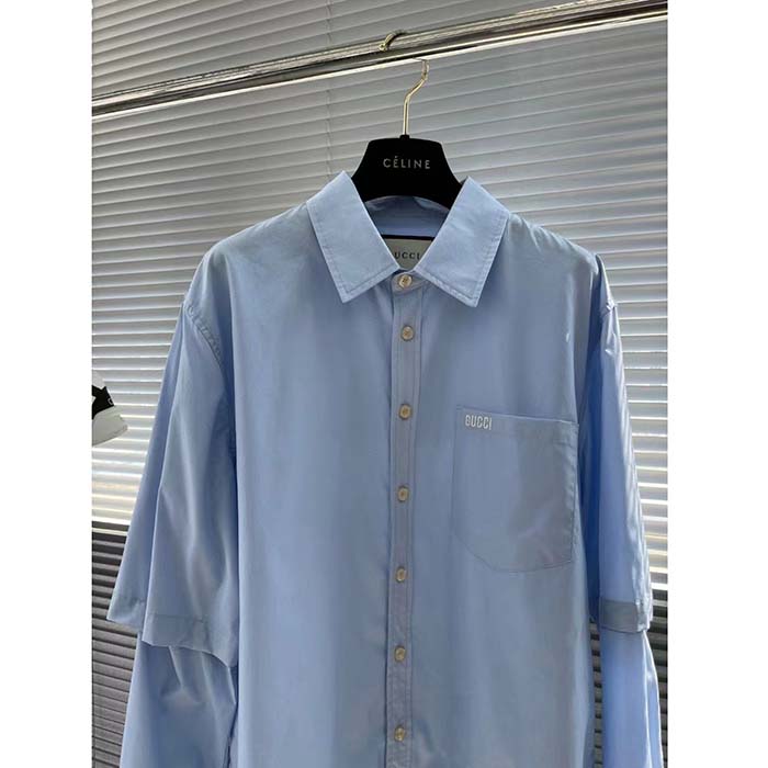 Gucci Men Cotton Poplin Embroidery Light Blue Piece Dyed Point Collar Detachable Sleeves (10)