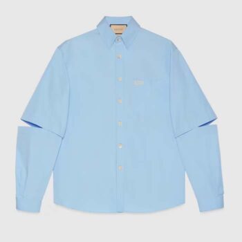 Gucci Men Cotton Poplin Embroidery Light Blue Piece Dyed Point Collar Detachable Sleeves