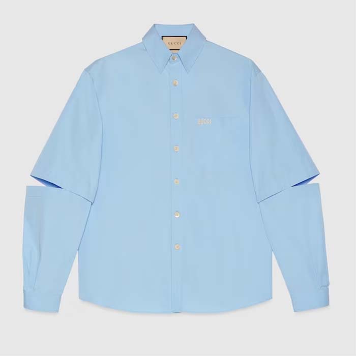Gucci Men Cotton Poplin Embroidery Light Blue Piece Dyed Point Collar Detachable Sleeves