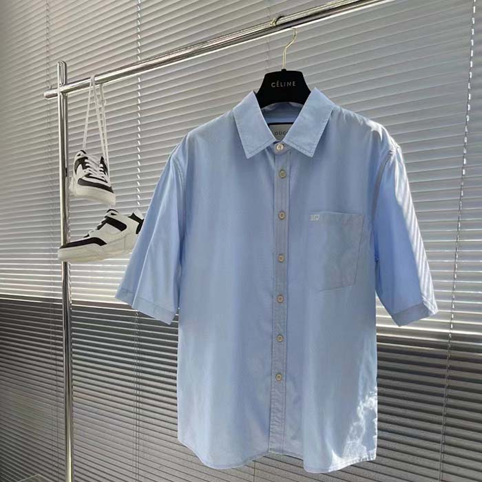 Gucci Men Cotton Poplin Embroidery Light Blue Piece Dyed Point Collar Detachable Sleeves (8)
