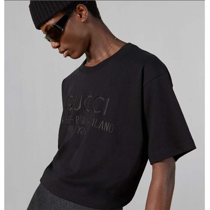 Gucci Men GG Cotton Jersey T-Shirt Black Heavy Cities Embroidery Crewneck Short Sleeves Oversize Fit (1)