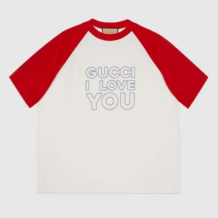 Gucci Men GG Cotton Jersey T-Shirt Red Off White Medium Crewneck Raglan Sleeves